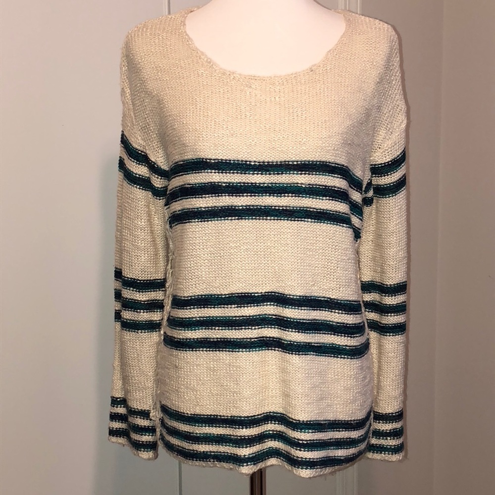 M cream/gray/teal striped sweater